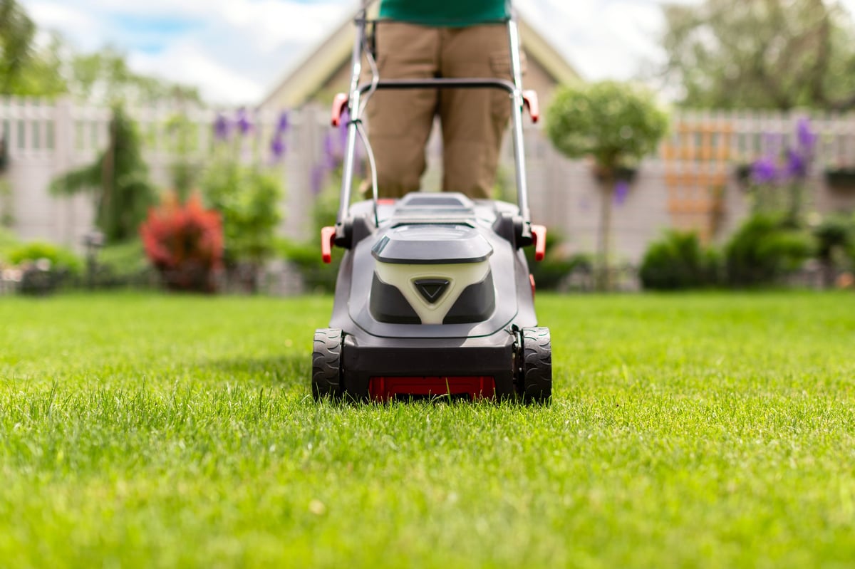 Male gardener working with modern lawn mower, grass clippings flying